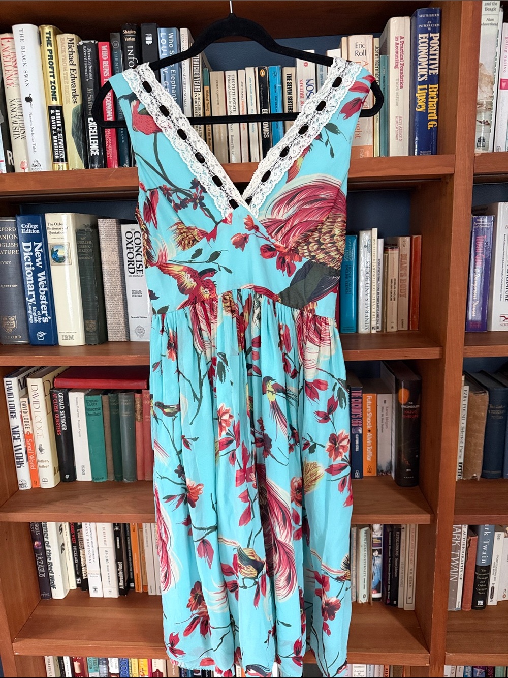 Turquoise Floral Lace-Trim Vintage Dress